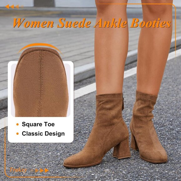 Women's Square Toe Ankle Chestnut Boots Faux Suede Low Block Heel Chelsea Shoes - Picture 2 of 7